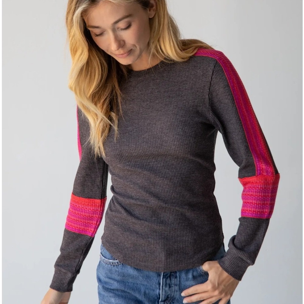 Natural Life London Trim Waffle Knit Thermal Top Charcoal Gray Women L Boho Cozy